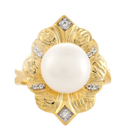 Pozlátený Strieborný Prsteň s Barokovou Sladkovodnou Kultivovanou Perlou a Bielym Topásom