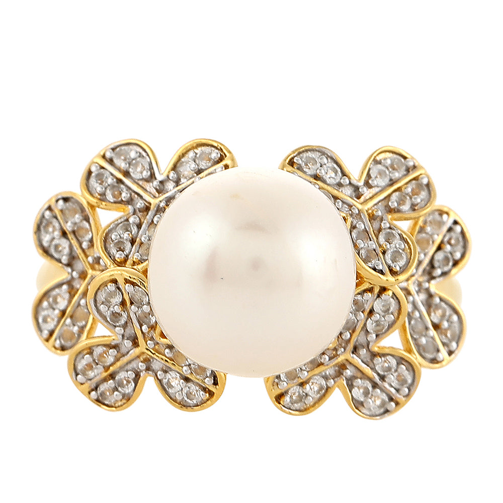 Pozlátený Strieborný Prsteň s Barokovou Sladkovodnou Kultivovanou Perlou a Bielym Topásom 1 