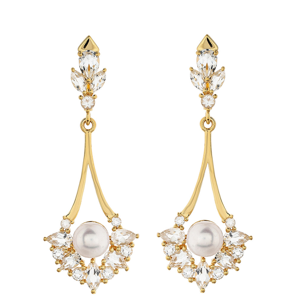 Pozlátené Strieborné Náušnice s Barokovou Sladkovodnou Kultivovanou Perlou a Bielym Topásom