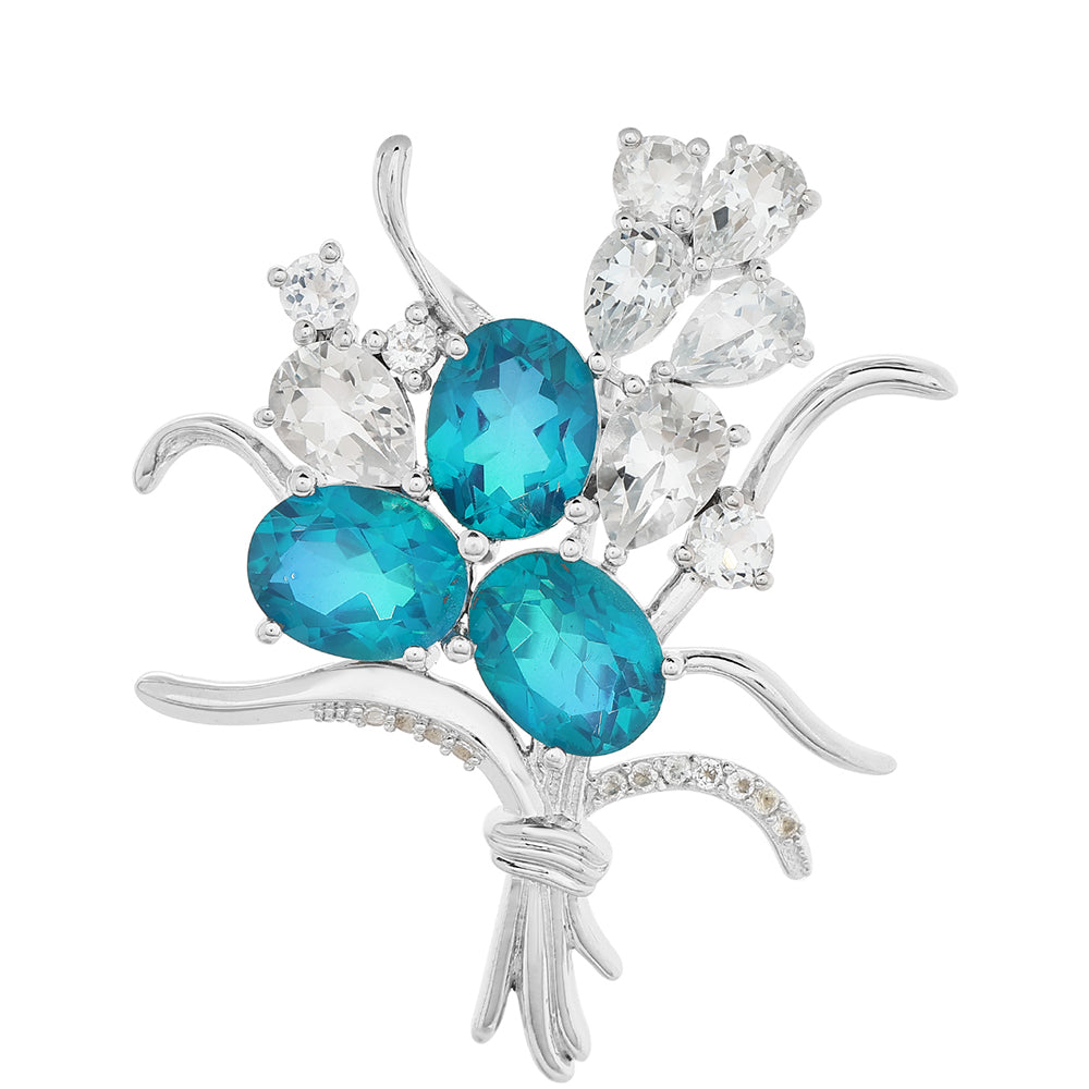 Strieborný Brošňa s Pávím Kremeňom a Bielym Topásom