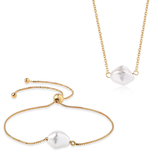 Pozlátené Strieborné Sada s Bielou Barokovou Sladkovodnou Perlou