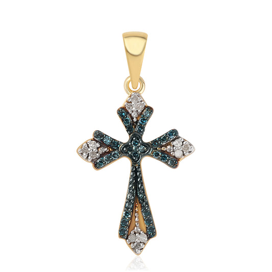Kríž Pozlátený Strieborný Prívesok s Modrým Diamantom a Bielym Diamantom
