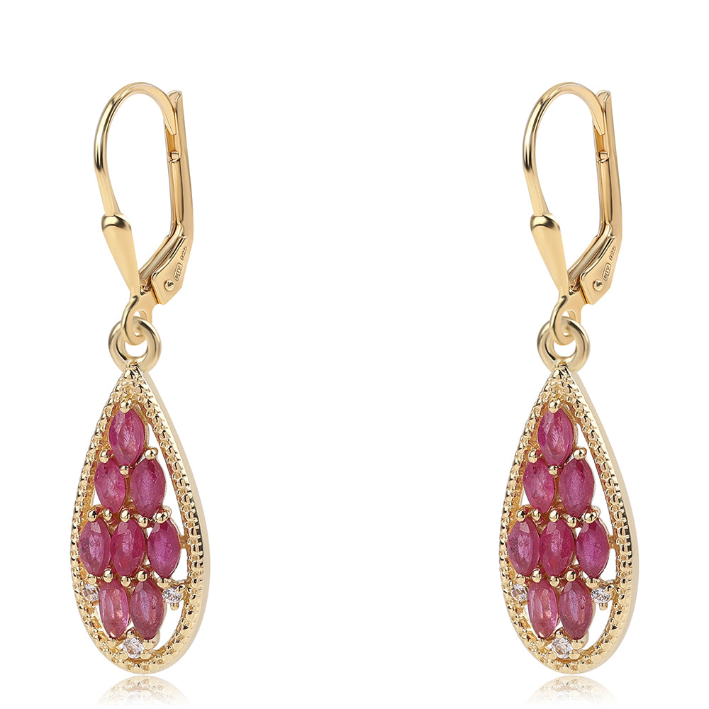 Pozlátené Strieborné Náušnice s Mozambickým Rubínom a Bielym Topásom