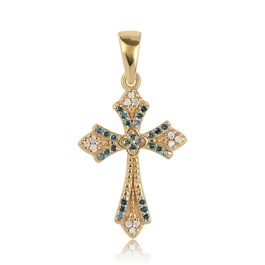 Kríž Pozlátený Strieborný Prívesok s Modrým Diamantom a Bielym Diamantom