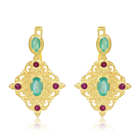 Pozlátené Strieborné Náušnice s Madagaskarským Rubínom a Brazílskym Smaragdom