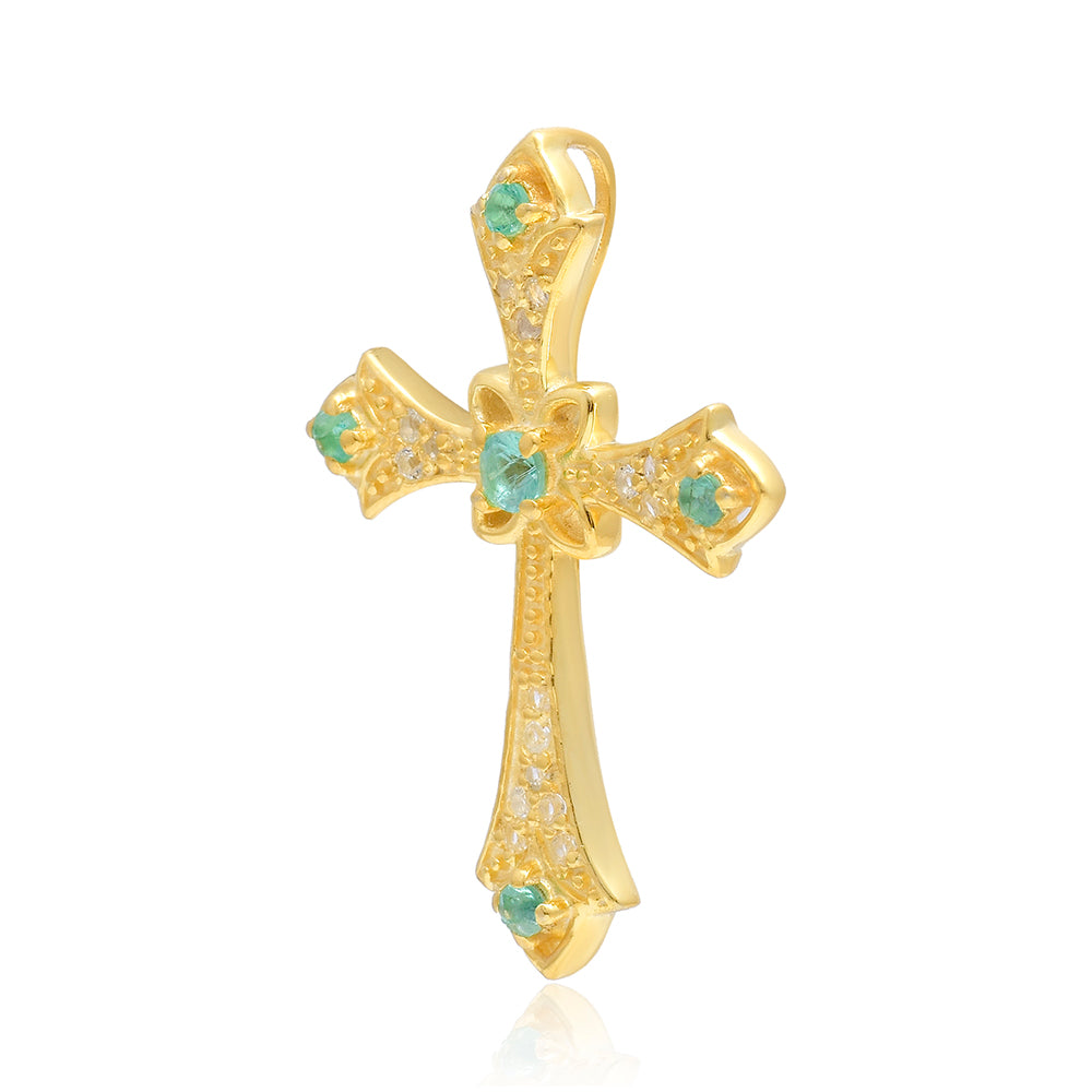 Kríž Pozlátený Strieborný Prívesok s Brazílskym Smaragdom a Bielym Topásom