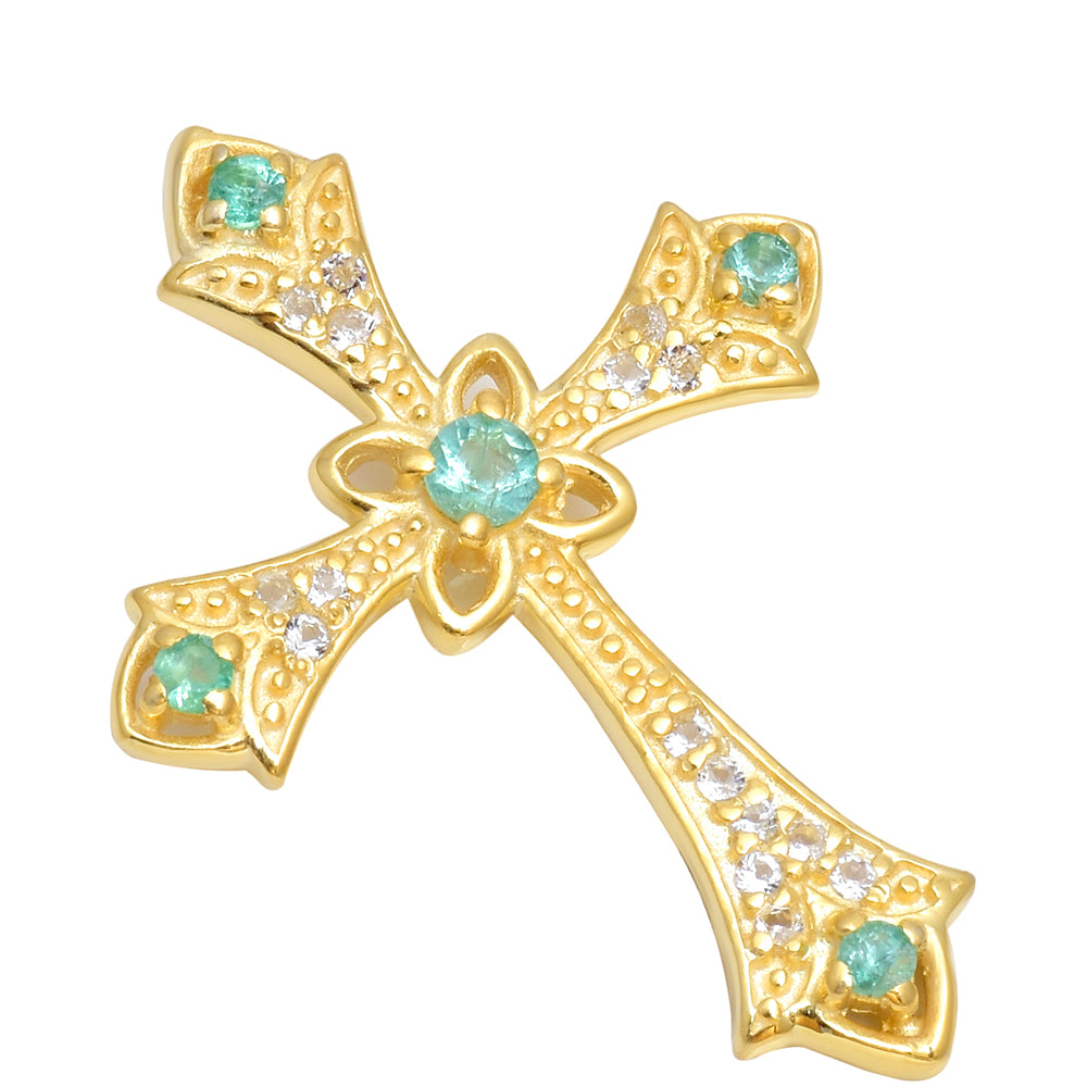 Kríž Pozlátený Strieborný Prívesok s Brazílskym Smaragdom a Bielym Topásom 4 