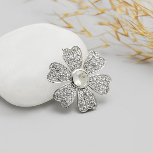 Strieborný Brošňa s Dúhovým Mesačným Kameňom a Bielym Topásom