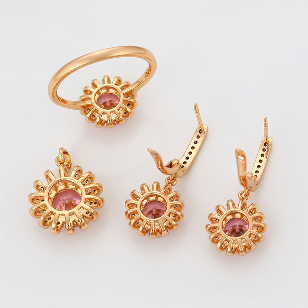 Pozlátené Zliatinové Sada s Ružovým Emporia® Krištáľom a Bielym Emporia® Krištáľom ( Náušnice+Prsteň +Prívesok ) 3 