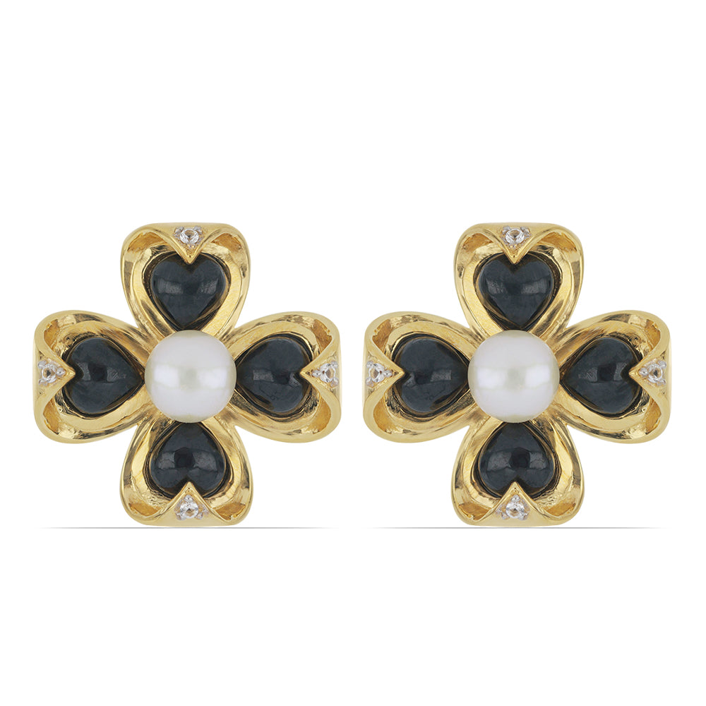 Pozlátené Strieborné Náušnice s so Suwarským Čiernym Ónyxom a so Sladkovodnou Bielou Perlou 1 