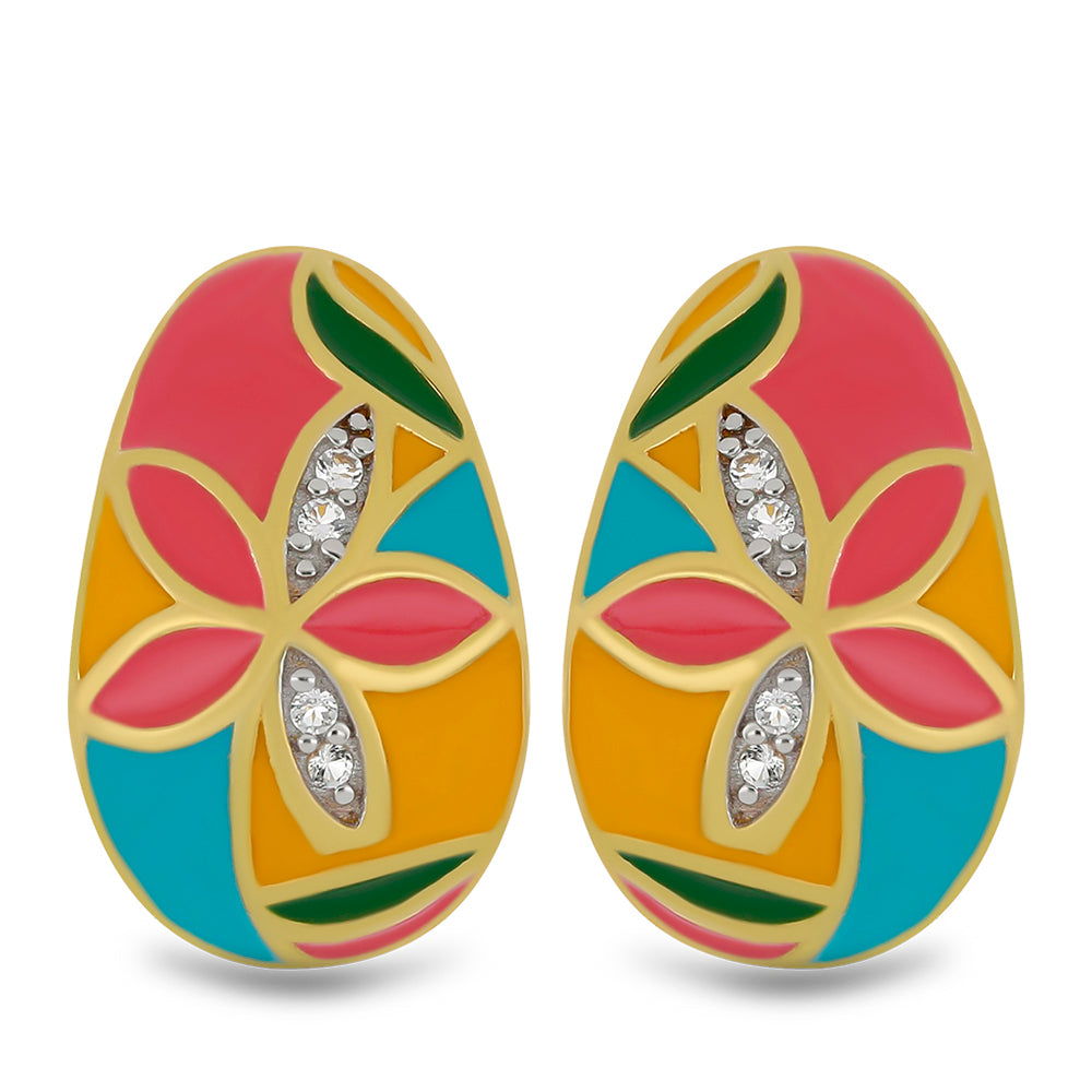 Pozlátené Strieborné Náušnice s so Smaltom a Bielym Topásom