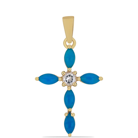 Kríž Pozlátený Strieborný Prívesok s Etiópskym Modrým Opálom z Lega Dembi a Bielym Topásom