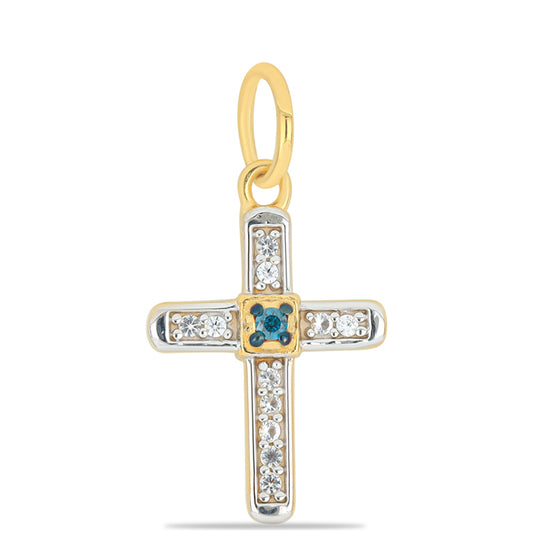 Kríž Pozlátený Strieborný Prívesok s Modrým Diamantom a Bielym Topásom