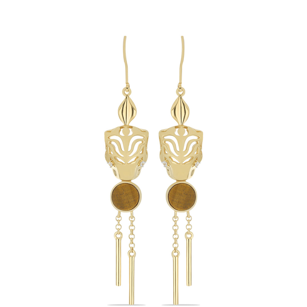 Pozlátené Strieborné Náušnice s Tigrím Okom a Bielym Topásom