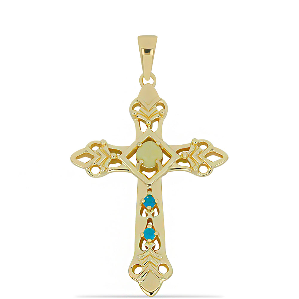 Kríž Pozlátený Strieborný Prívesok s so Žltým Serpentinom a Etiópskym Paraiba Modrým Opálom 1 