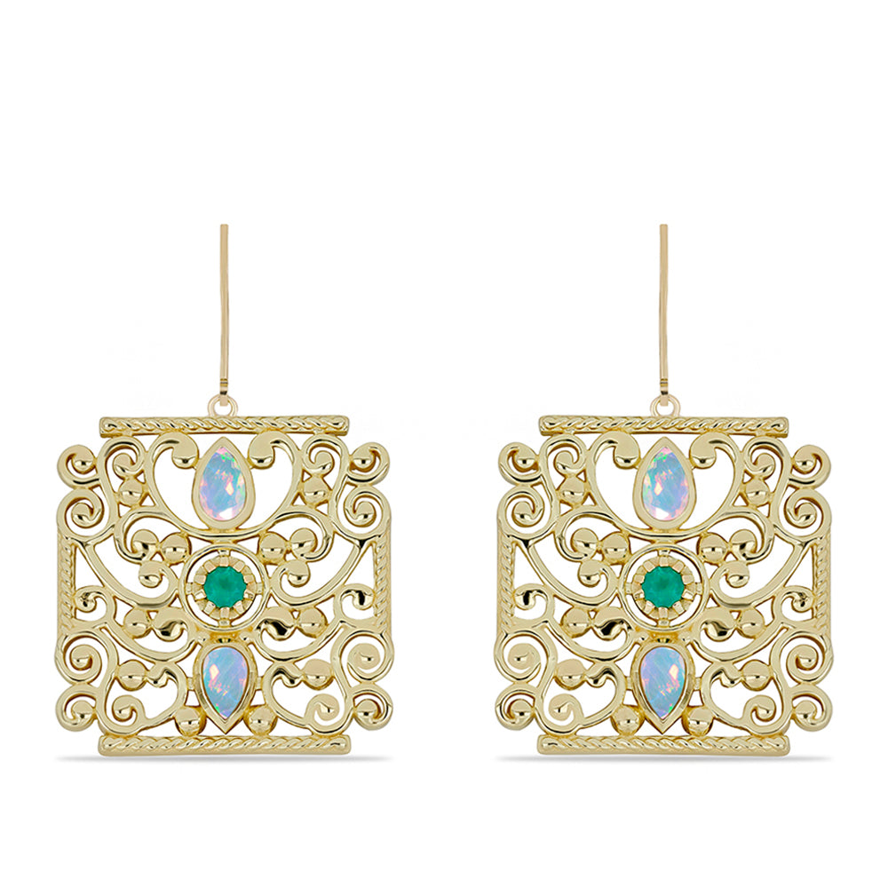 Pozlátené Strieborné Náušnice s so Zeleným Achátom a Etiópskym Opálom z Lega Dembi 1 