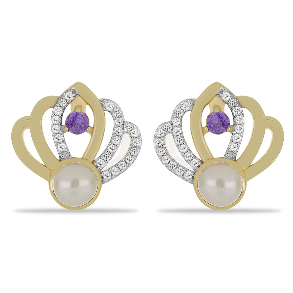 Pozlátené Strieborné Náušnice s Čaroitom a so Sladkovodnou Bielou Perlou 3 