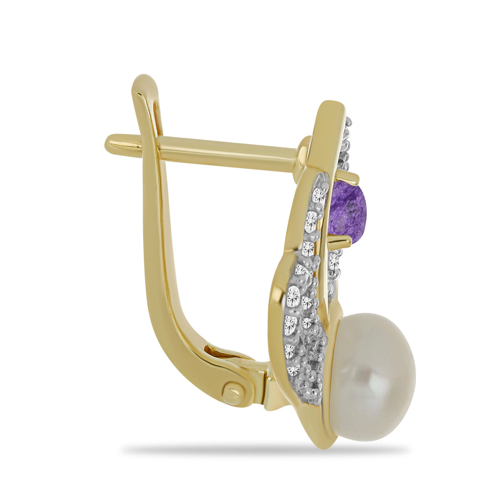 Pozlátené Strieborné Náušnice s Čaroitom a so Sladkovodnou Bielou Perlou 2 