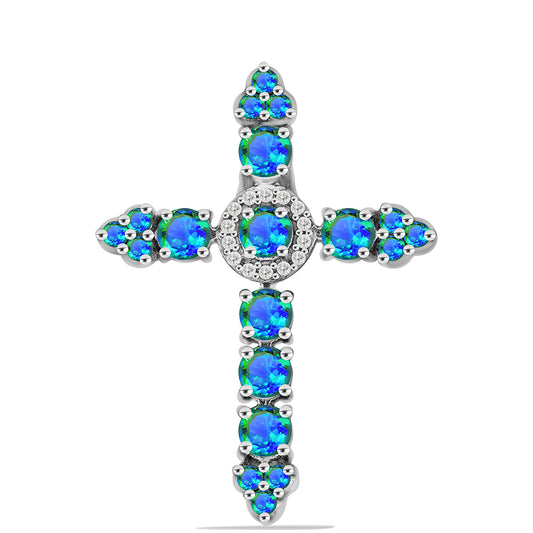 Kríž Strieborný Prívesok s Pávím Kremeňom a Bielym Topásom