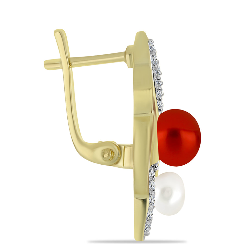 Pozlátené Strieborné Náušnice s Červená sladkovodná perlou a Bielym Topásom 2 