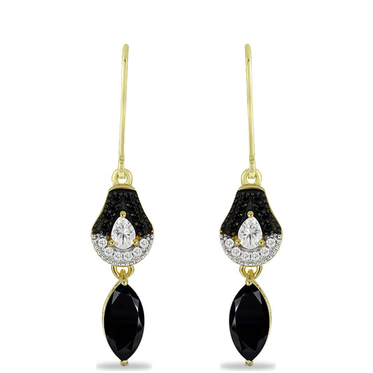 Pozlátené Strieborné Náušnice s Čiernym Ónyxom a Bielym Topásom