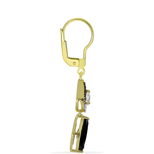 Pozlátené Strieborné Náušnice s Čiernym Ónyxom a Bielym Topásom