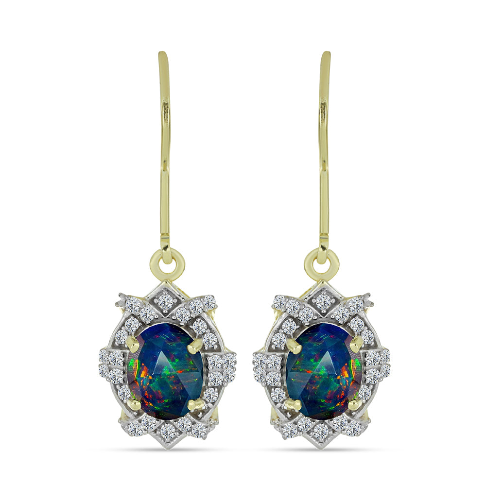 Pozlátené Strieborné Náušnice s Polnočne Čiernym Etiópskym Opálom z Lega Dembi a Bielym Topásom