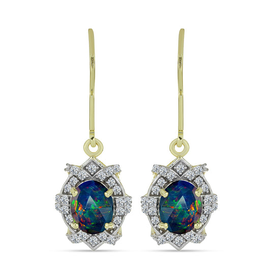 Pozlátené Strieborné Náušnice s Polnočne Čiernym Etiópskym Opálom z Lega Dembi a Bielym Topásom