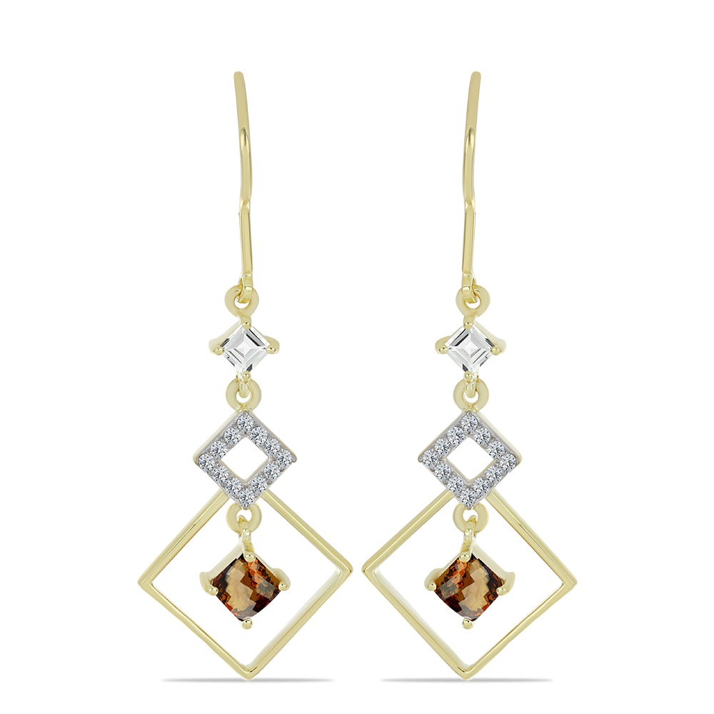 Pozlátené Strieborné Náušnice s Koňakovým Kremeňom a Bielym Topásom