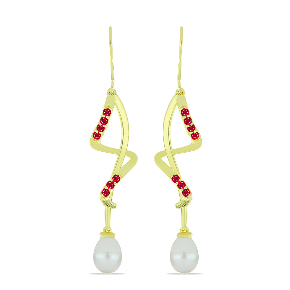 Pozlátené Strieborné Náušnice s so Sladkovodnou Bielou Perlou a Madagaskarským Rubínom 1 