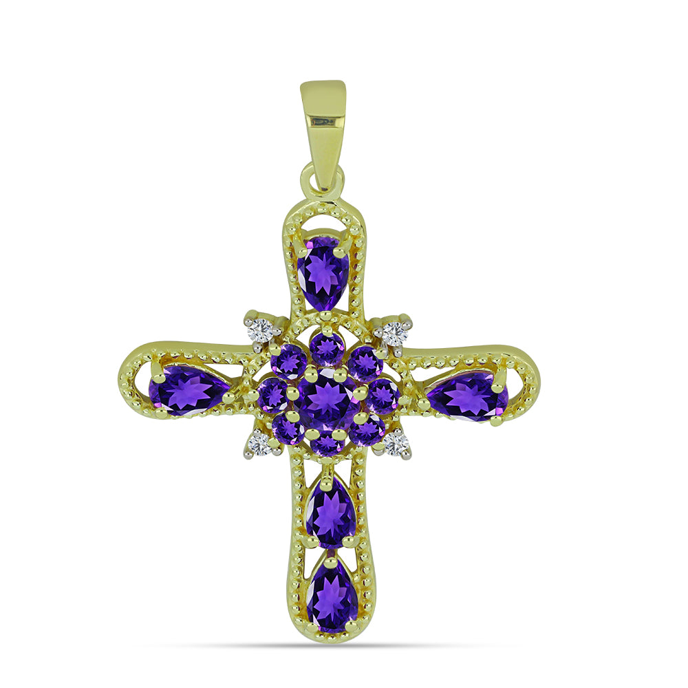 Kríž Pozlátený Strieborný Prívesok s Marockým Ametystom a Bielym Topásom