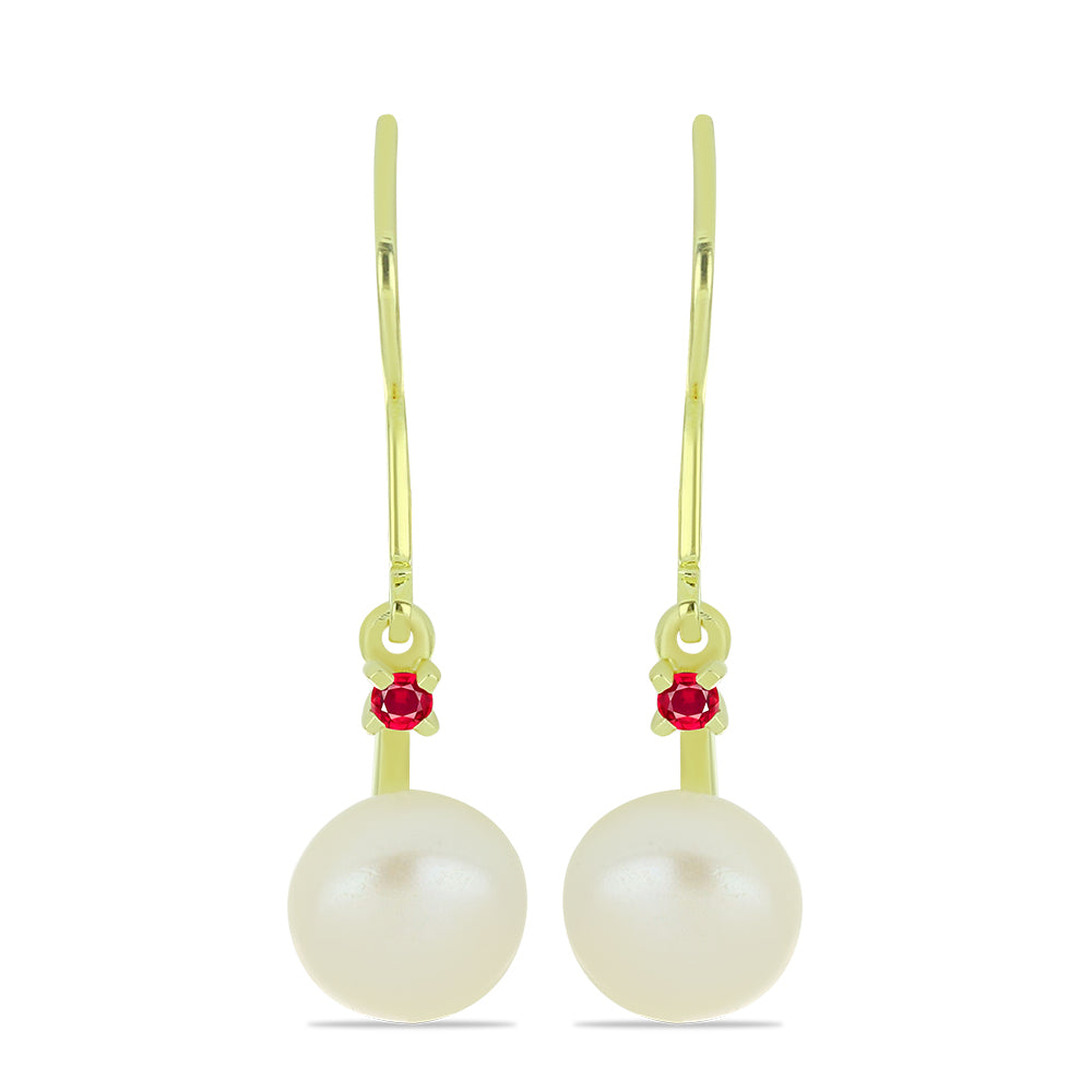 Pozlátené Strieborné Náušnice s so Sladkovodnou Bielou Perlou a Madagaskarským Rubínom 1 