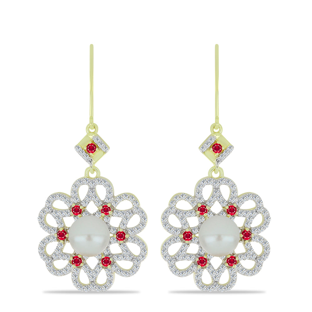 Pozlátené Strieborné Náušnice s so Sladkovodnou Bielou Perlou a Madagaskarským Rubínom 1 