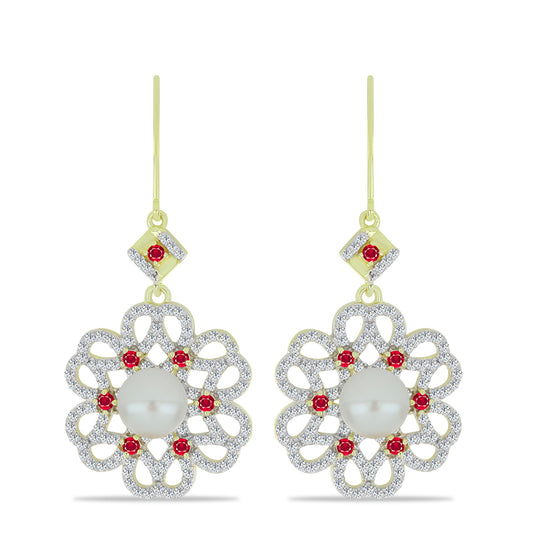 Pozlátené Strieborné Náušnice s so Sladkovodnou Bielou Perlou a Madagaskarským Rubínom