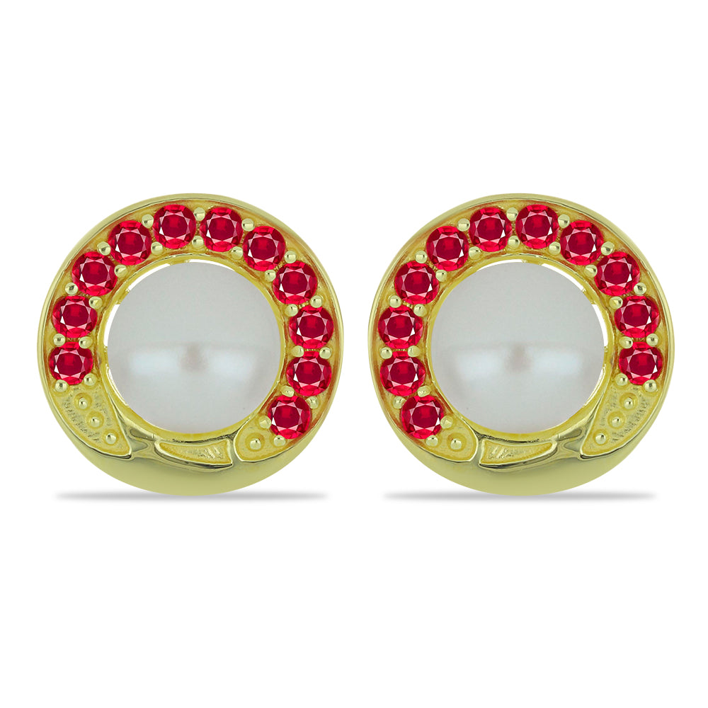 Pozlátené Strieborné Náušnice s so Sladkovodnou Bielou Perlou a Madagaskarským Rubínom 1 