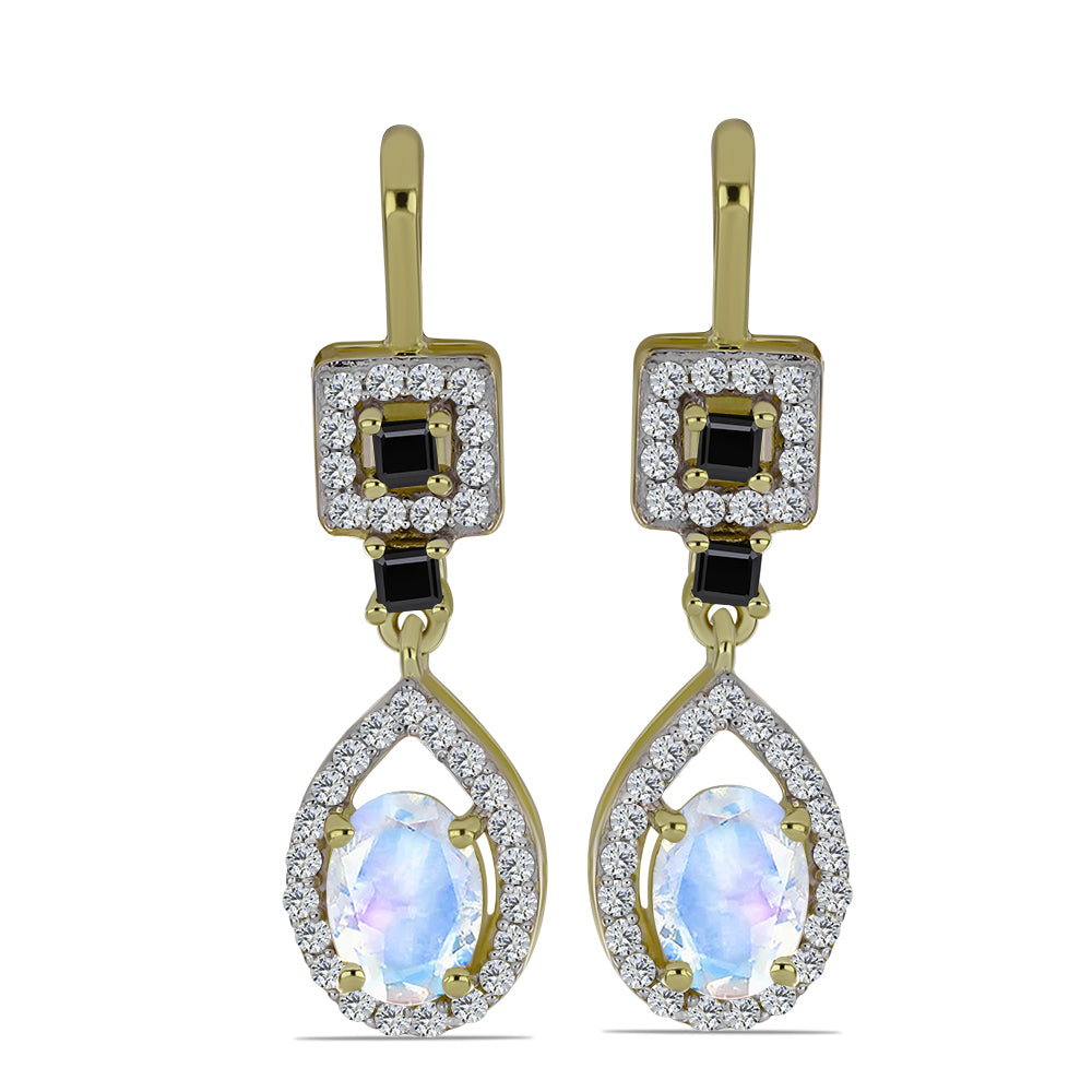 Pozlátené Strieborné Náušnice s Dúhovým Mesačným Kameňom a Čiernym Spinelom 1 