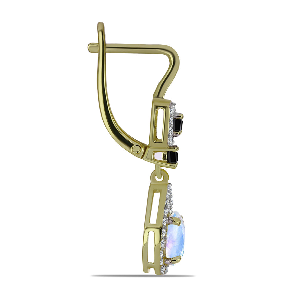 Pozlátené Strieborné Náušnice s Dúhovým Mesačným Kameňom a Čiernym Spinelom 2 