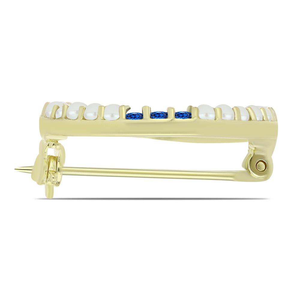 Pozlátený Strieborný Brošňa s Bielou Sladkovodnou Perlou a Austrálskym Modrým Zafírom 2 