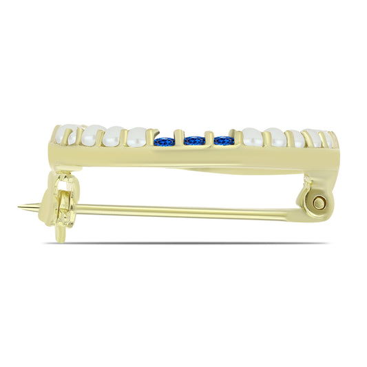 Pozlátený Strieborný Brošňa s Bielou Sladkovodnou Perlou a Austrálskym Modrým Zafírom