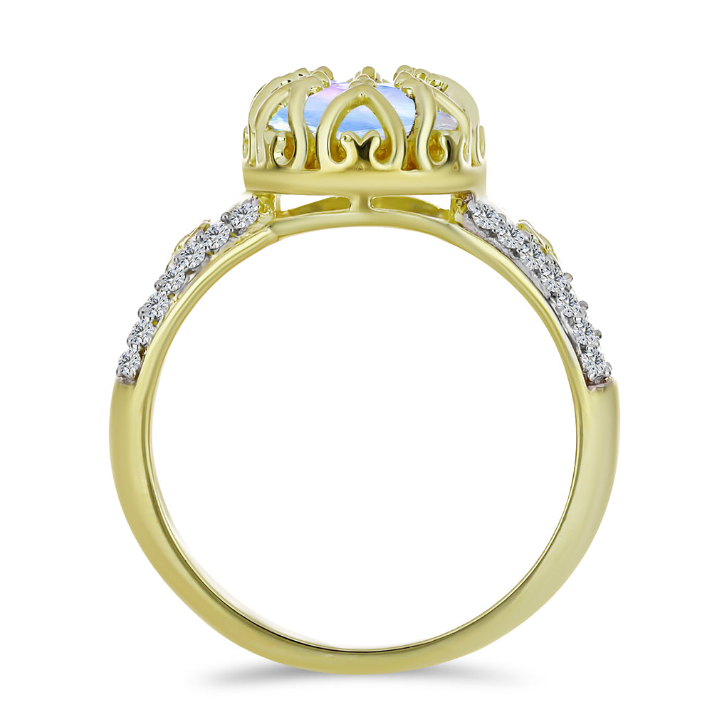 Pozlátený Strieborný Prsteň s Dúhovým Mesačným Kameňom a Bielym Topásom 2 