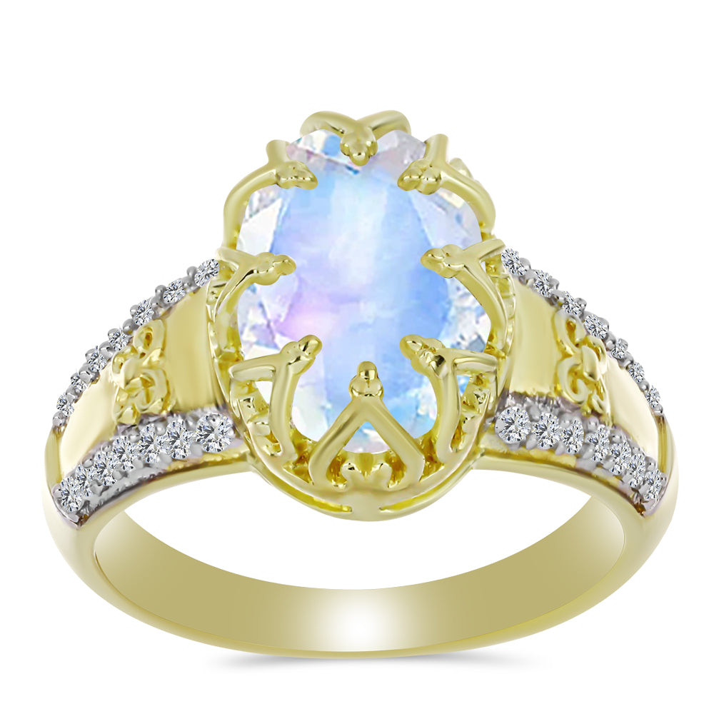 Pozlátený Strieborný Prsteň s Dúhovým Mesačným Kameňom a Bielym Topásom 3 