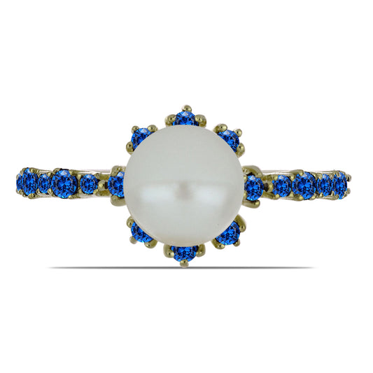 Pozlátený Strieborný Prsteň s Bielou Sladkovodnou Perlou a Austrálskym Modrým Zafírom