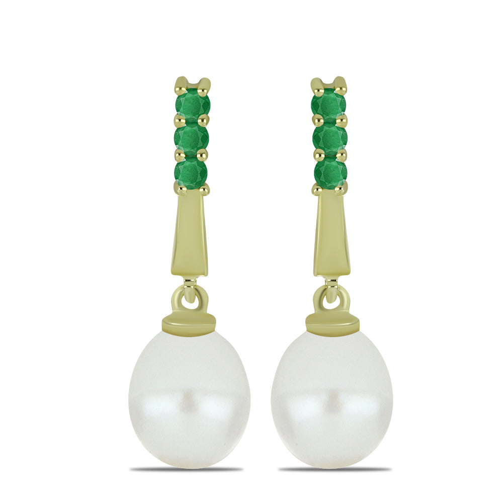 Pozlátené Strieborné Náušnice s Bielou Sladkovodnou Perlou a Brazílskym Smaragdom