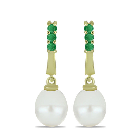 Pozlátené Strieborné Náušnice s Bielou Sladkovodnou Perlou a Brazílskym Smaragdom