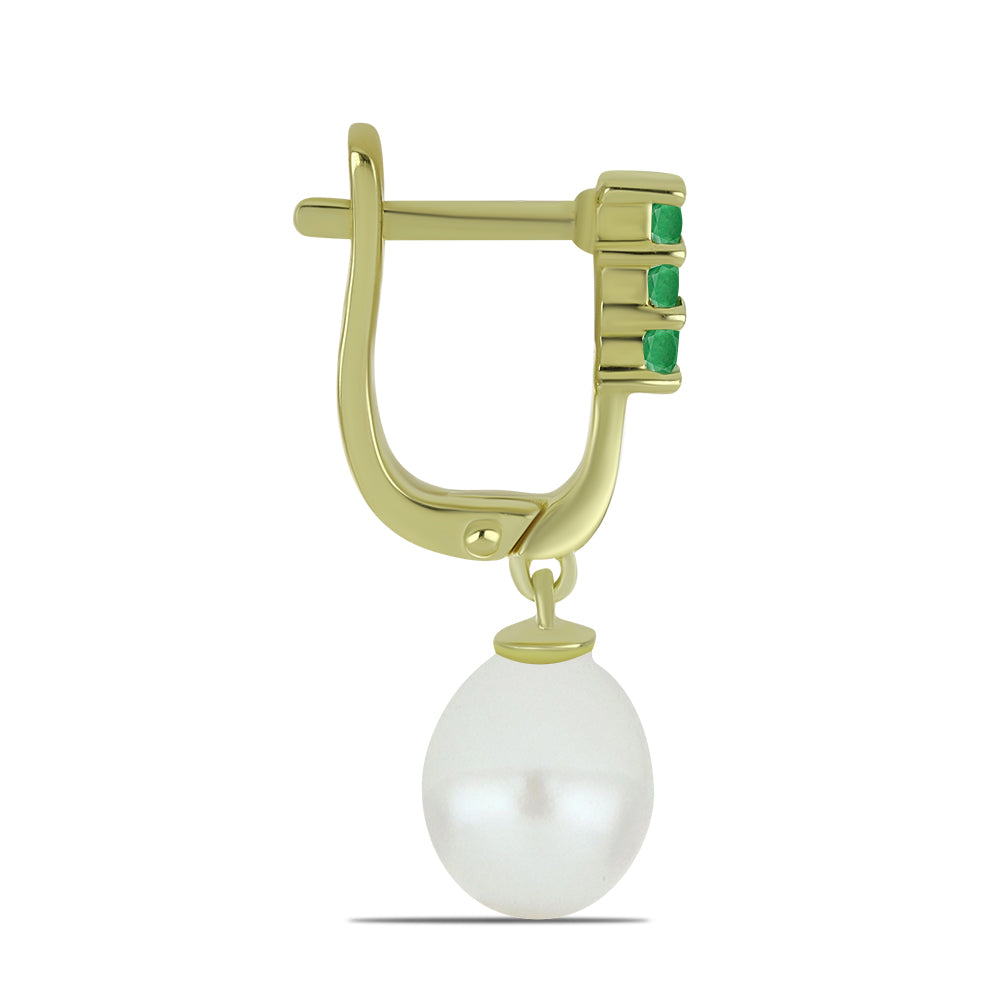 Pozlátené Strieborné Náušnice s Bielou Sladkovodnou Perlou a Brazílskym Smaragdom 2 