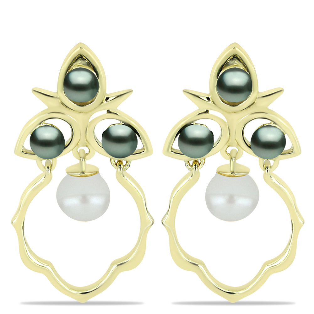 Pozlátené Strieborné Náušnice s so Sladkovodnou perlou v podobe Tahitskej zelenej ilúzie a Bielou Kultivovanou Perlou 1 