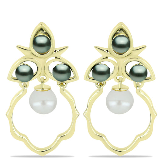 Pozlátené Strieborné Náušnice s so Sladkovodnou perlou v podobe Tahitskej zelenej ilúzie a Bielou Kultivovanou Perlou