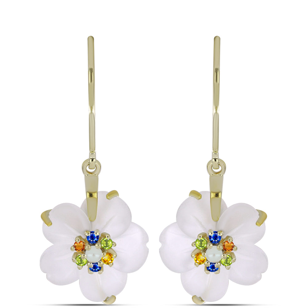 Pozlátené Strieborné Náušnice s Dúhovým Zafírom a so Sladkovodnou Bielou Perlou