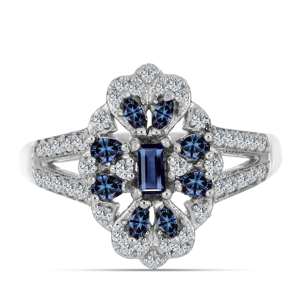 Strieborný Prsteň s "Cisársky fialový" moissanitom a Bielym Topásom 1 