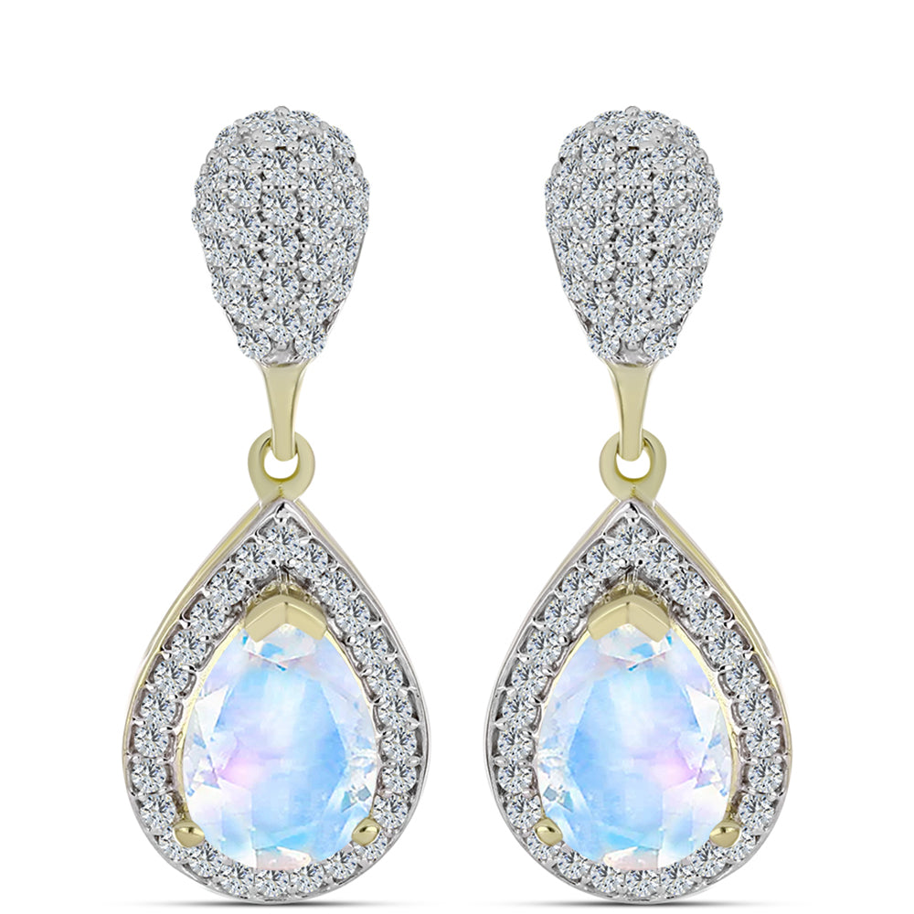 Pozlátené Strieborné Náušnice s Dúhovým Mesačným Kameňom a Bielym Topásom